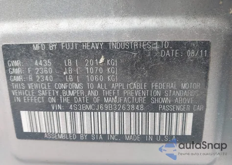 2011 Subaru Legacy 2.5I Limited z USA, uszkodzony, nr VIN 4S3BMCJ69B3263848